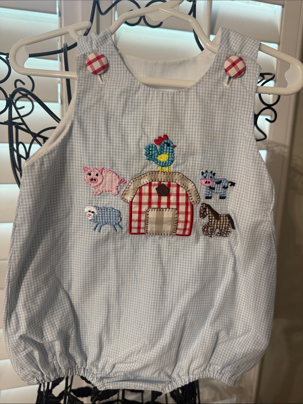 Light Blue Gingham Barnyard One-Piece Button-Down Romper